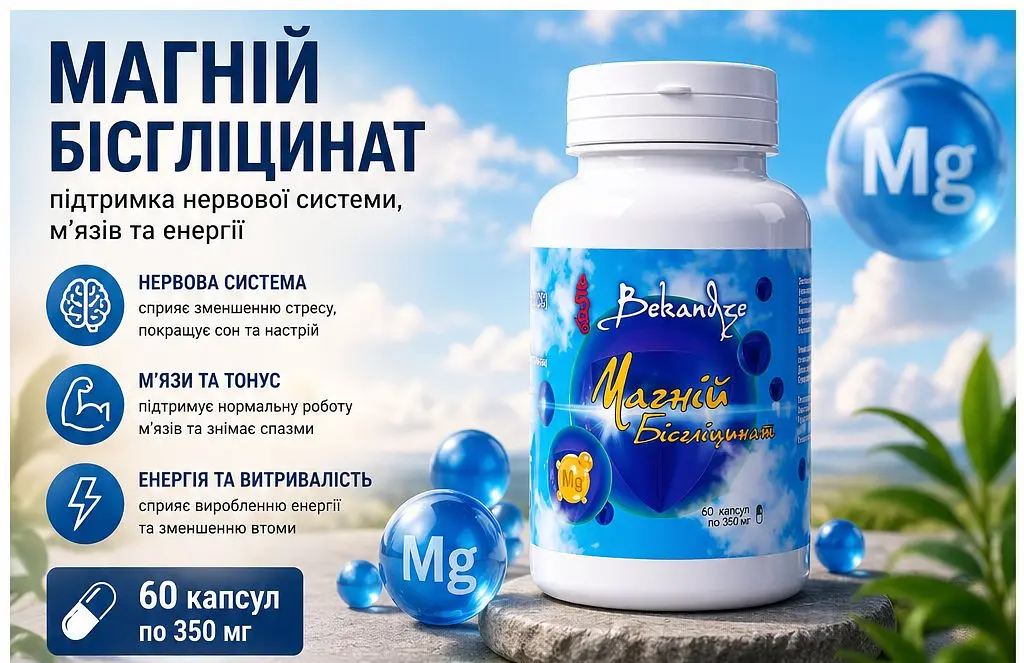 Магній бісгліцинат 350 мг, 60 капсул — хелатна форма, сприяє зменшенню втоми та роботі нервової системи при стресі, BEKANDZE - фото 2