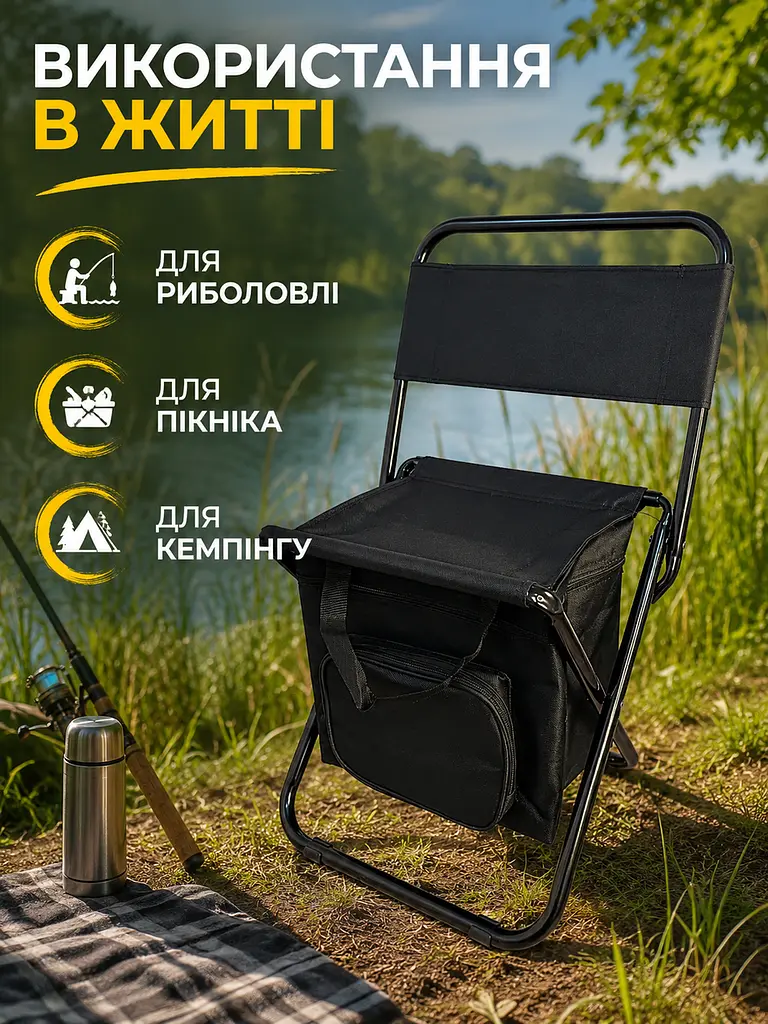 Складаний туристичний стілець із термосумкою до 100 кг 35×28×59 см чорний (49676084) - фото 4