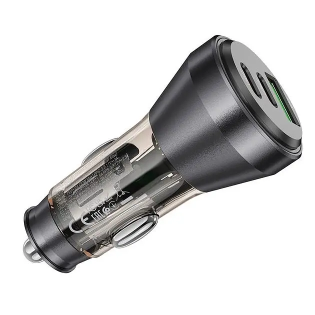 Зарядний пристрій авто Hoco NZ12D Lucky car charger 3 порти 2*Type-C + 1*USB 60 W чорно прозорий - фото 4