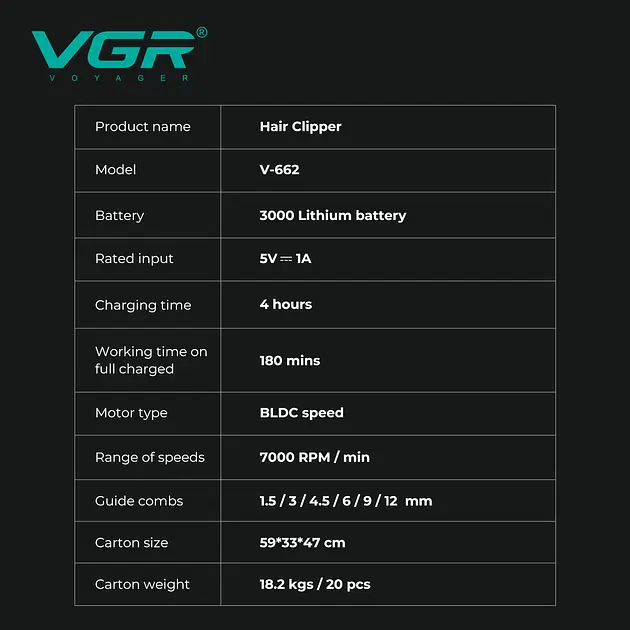 Акумуляторна машинка для стрижки VGR V-662 GREEN, 7000 RPM, 6 насадок, LED-дисплей - фото 3