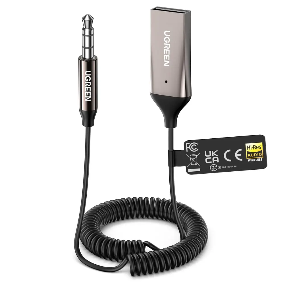 Автомобільний Bluetooth 6.0 аудіоприймач UGREEN BT525 AUX-адаптер аудіовихід 3,5 мм та штекер USB-A для живлення кодеки SBC AAC і LDAC мікрофон для дзвінків із ШІ-шумозаглушенням одночасне підключення до двох телефонів чорний (85428)