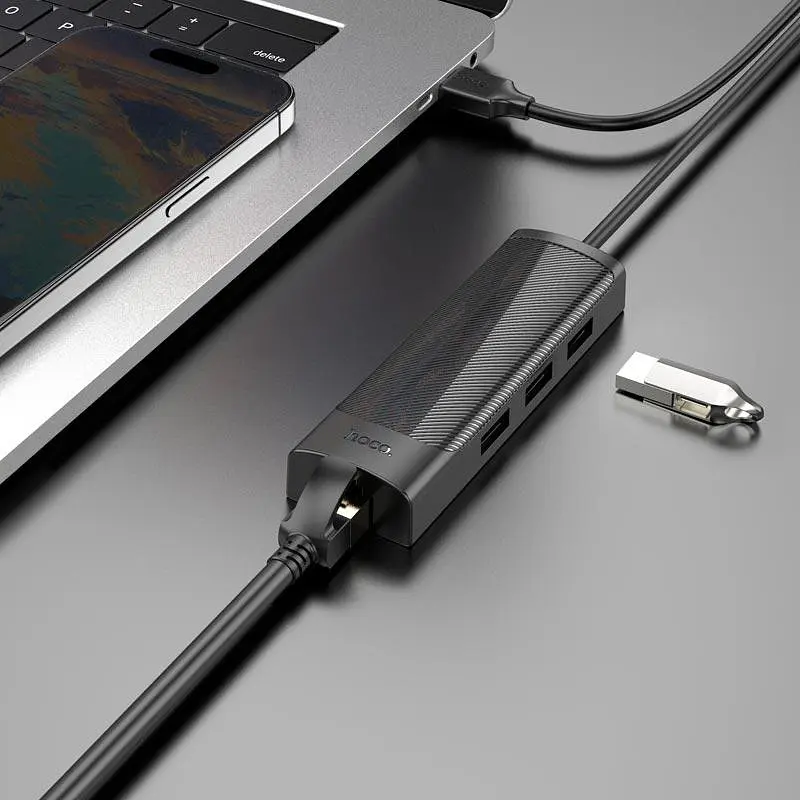 Адаптер конвертер - перехідник Hoco Ethernet (LAN 100 mbit) HB42 Usb на 4 порти (3 Usb 2.0 + RJ45) - фото 4