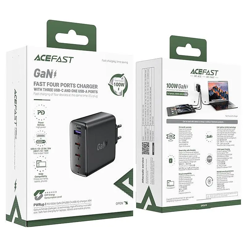 Мережевий зарядний пристрій ACEFAST A94 PD100W GaN (3 x USB-C+USB-A) charger чорний - фото 2
