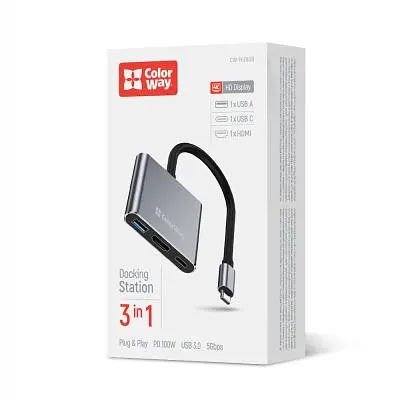 Концентратор ColorWay USB-C 3-in-1 USB 3.0 + HDMI 4K + USB-C PD100W (CW-HUB08) - фото 4