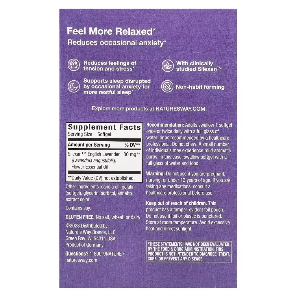 Лаванда для спокою та розслаблення Nature's Way CalmAid, Clinically Studied Lavender 30 гелевих капсул - фото 2
