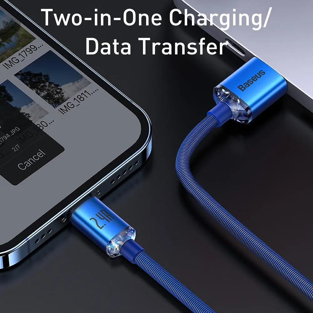 Кабель Baseus Crystal Shine Series Fast Charging Data Cable USB to iP 2.4 A 2 m Blue (CAJY000103) - фото 7