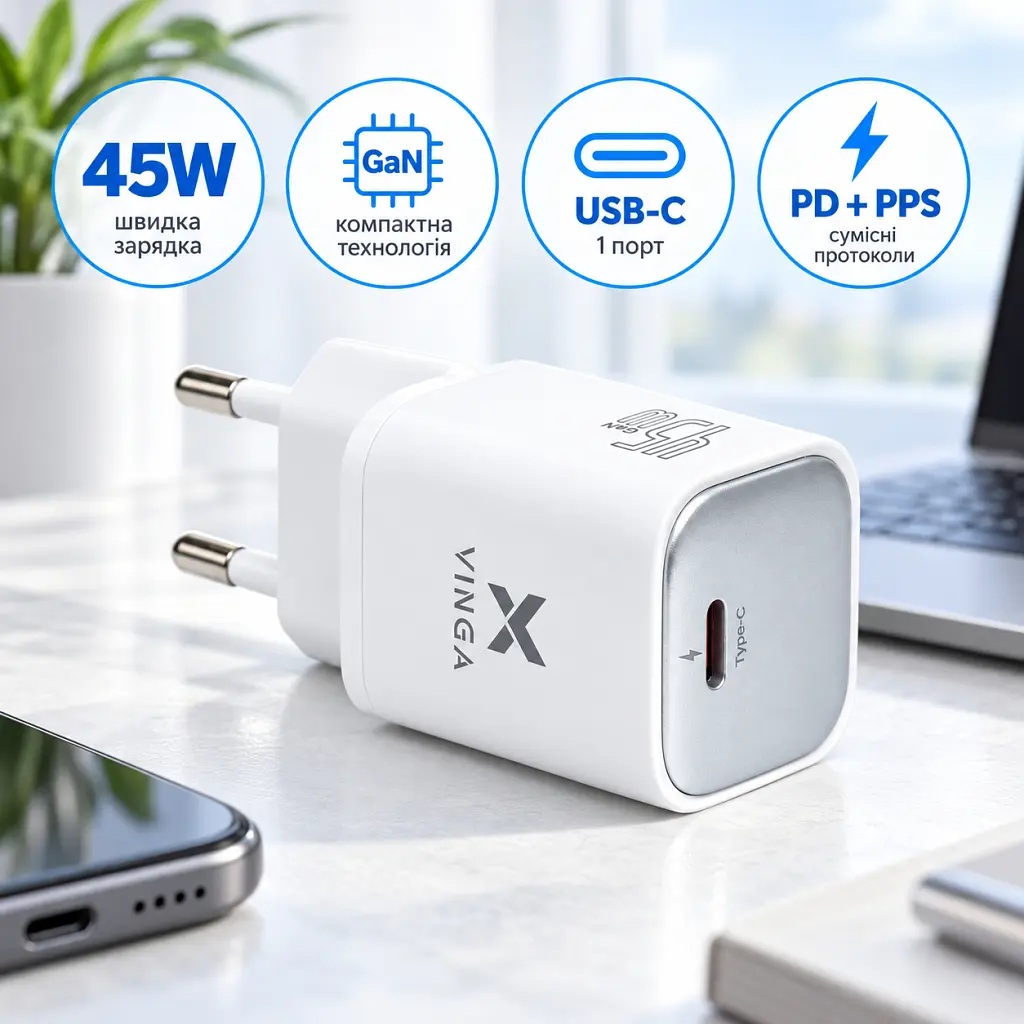 Зарядний пристрій Vinga USB-C PD PPS 45W (VCR45CB) - фото 4