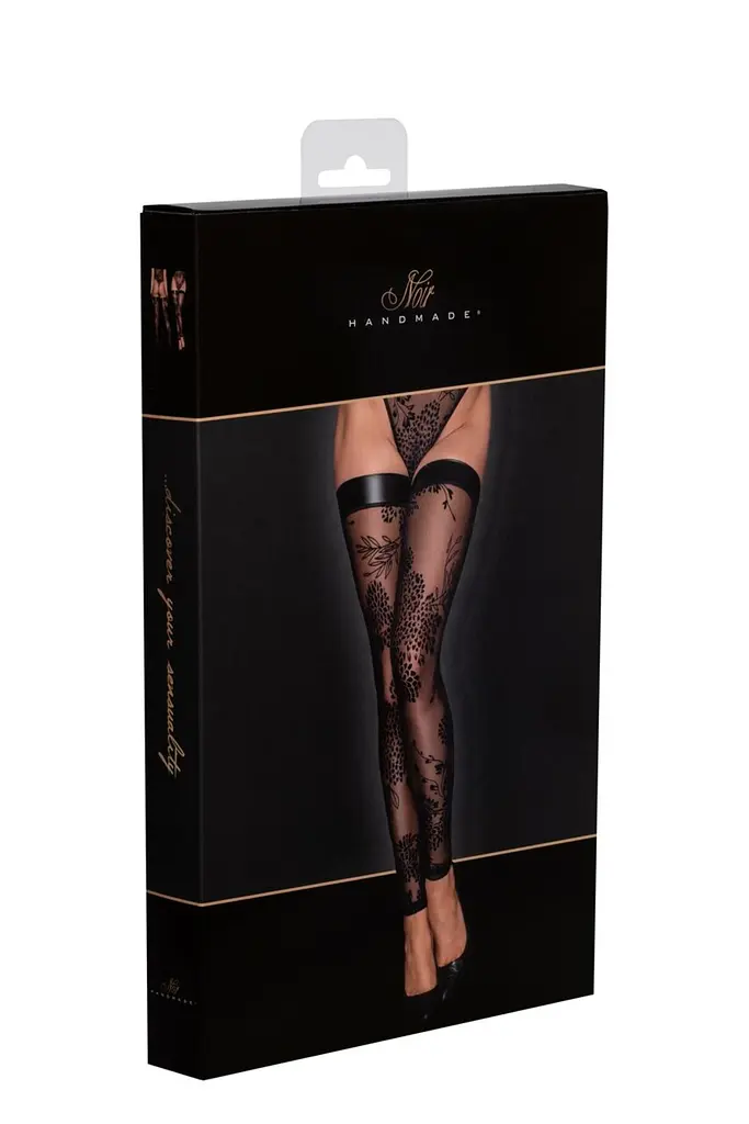 Панчохи без миска Noir Handmade F243 Tulle stockings with patterned flock embroidery, 3XL - фото 6