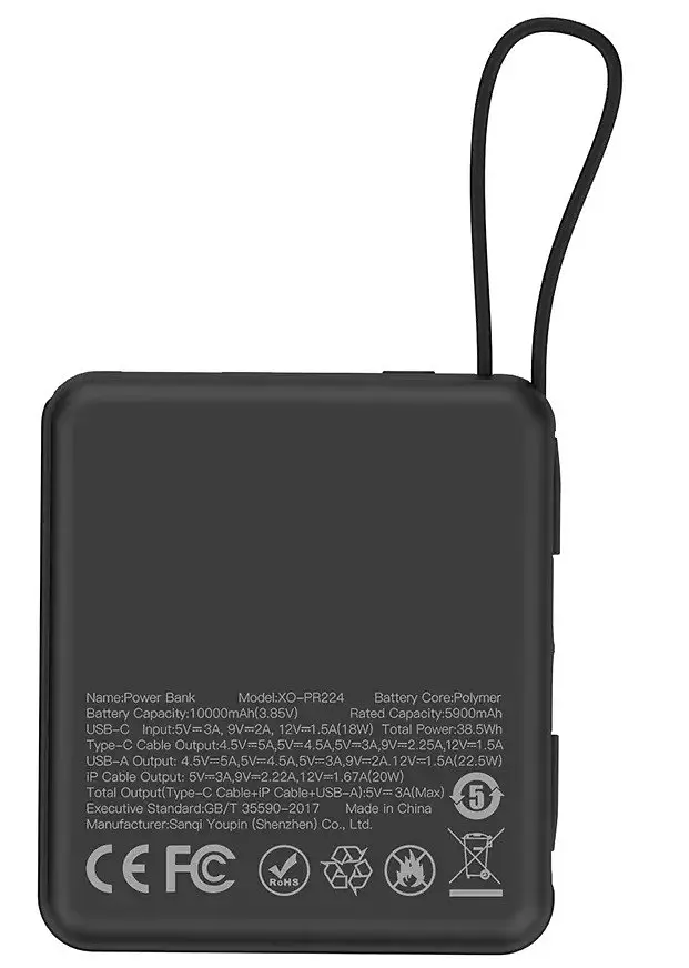 Внешняя портативная батарея XO PR224 fast charging dual line 10000 mAh с 2 кабелями черная - фото 3