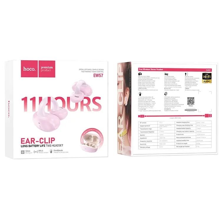 Наушники Hoco EW57 Auspicious clip-on true wireless BT headset |BT5.3, 70/450mAh, 11h| pink - фото 2