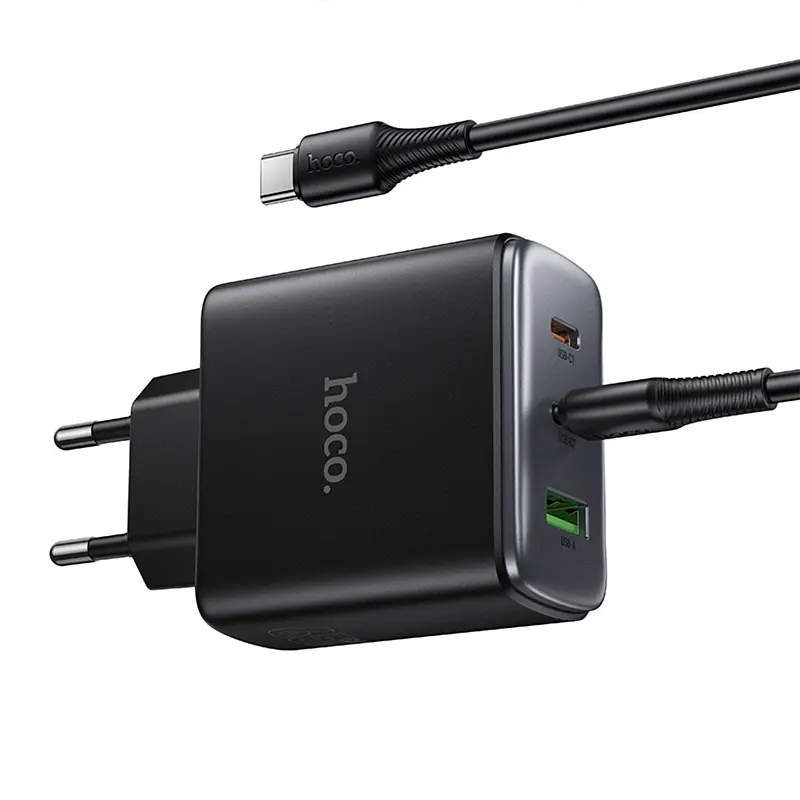 Мережевний зарядний пристрій Hoco C160A Upgrade PD65W+QC3.0 1USB-A/2C + кабель Type-C to Type-C Black - фото 5