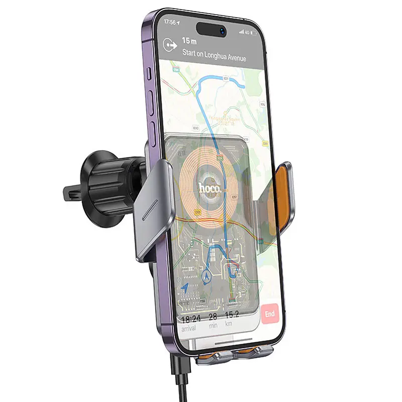 Автотримач з БЗП Hoco HW7 Transparent Discovery Edition (air outlet) Metal gray - фото 2