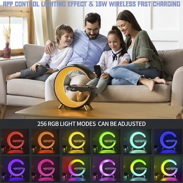 Ночник настольная лампа Happy Light RGB Smart Light Sound Machine с беспроводной зарядкой 15W и Bluetooth колонкой 3W черная - фото 2