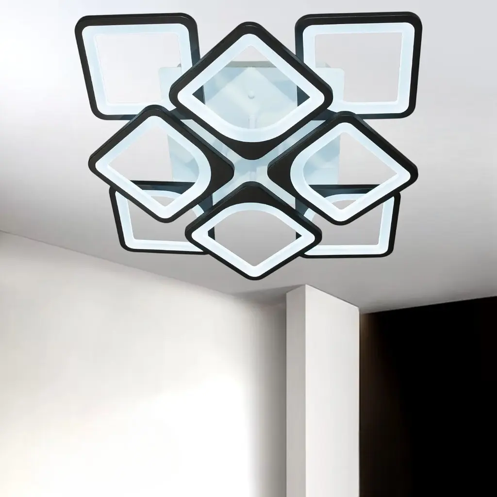 Стельова LED-люстра Diasha S8060/4+4BK з пультом і димером, чорна, 115W, 6325 lm, квадратні акрилові плафони 49x49 см - фото 2