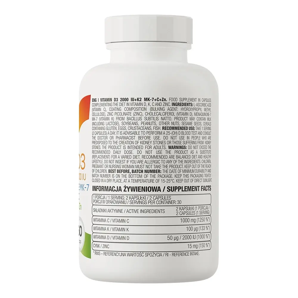 Вітаміни та мінерали OstroVit Vitamin D3 2000 IU + K2 MK-7 + C + Zn 60 капсул - фото 3