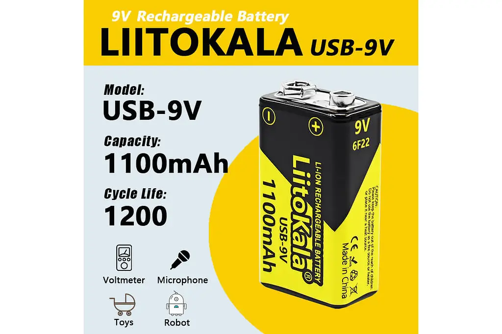 Акумулятор Крона / 6LR61 LiitoKala USB-9V 1100 mAh літій-іонний із вбудованою зарядкою Type-C (19321) - фото 2
