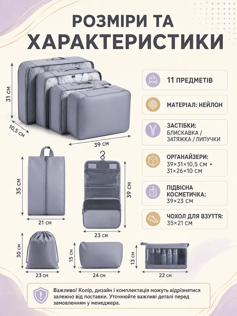 Набір дорожніх органайзерів для валізи 11 в 1 для одягу, взуття та косметики сірий (49676173) - фото 3