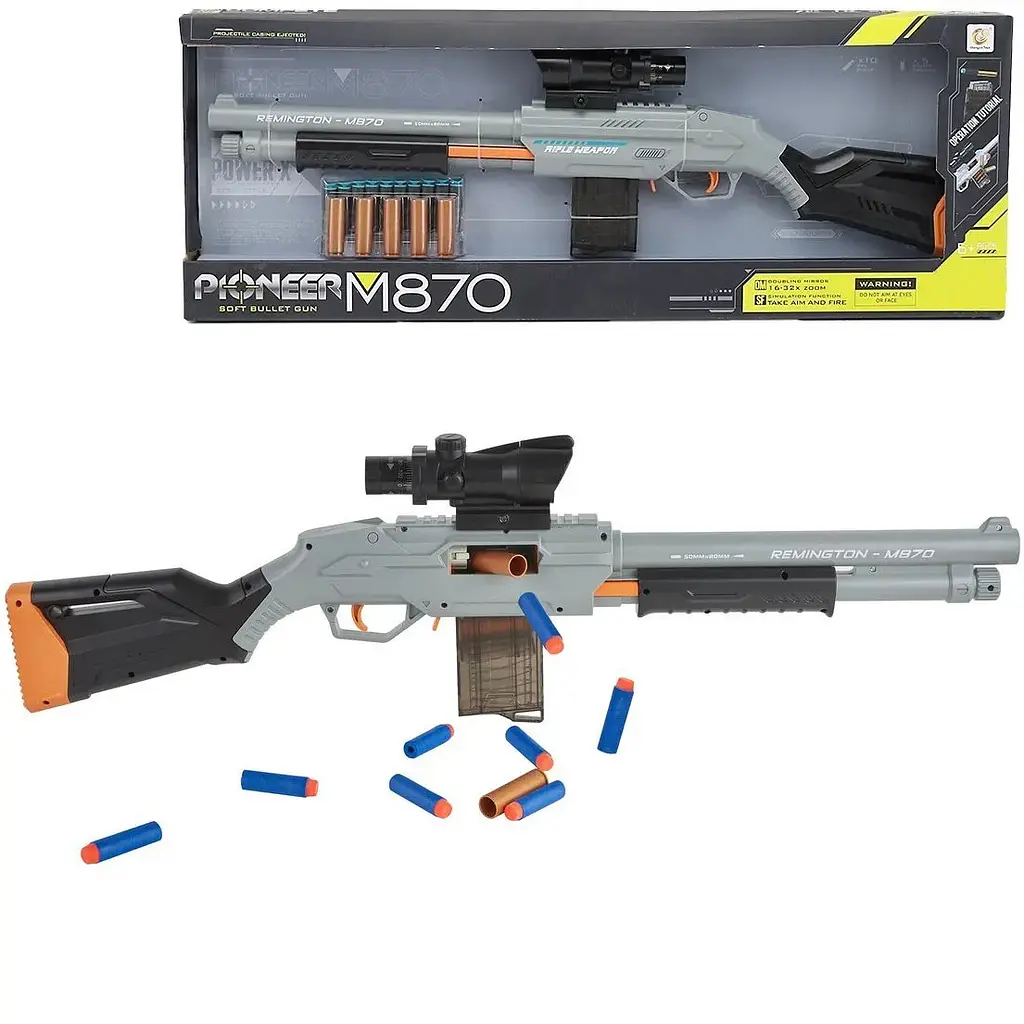 Іграшковий бластер Remington M870 з гільзами що вилітають, м’які кулі з присосками 10 шт, снайперський приціл, подарунок дітям - фото 4
