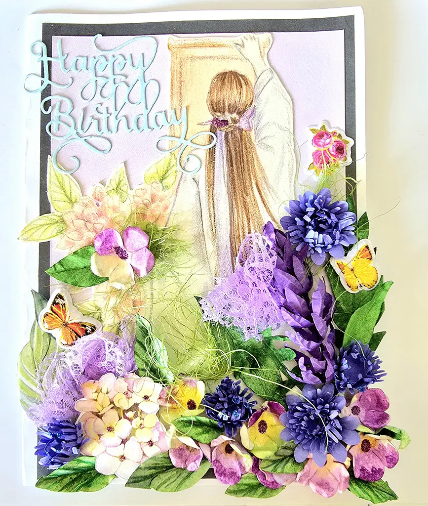 Вітальна листівка 3D з дівчиною в квітах Hapy Birthday