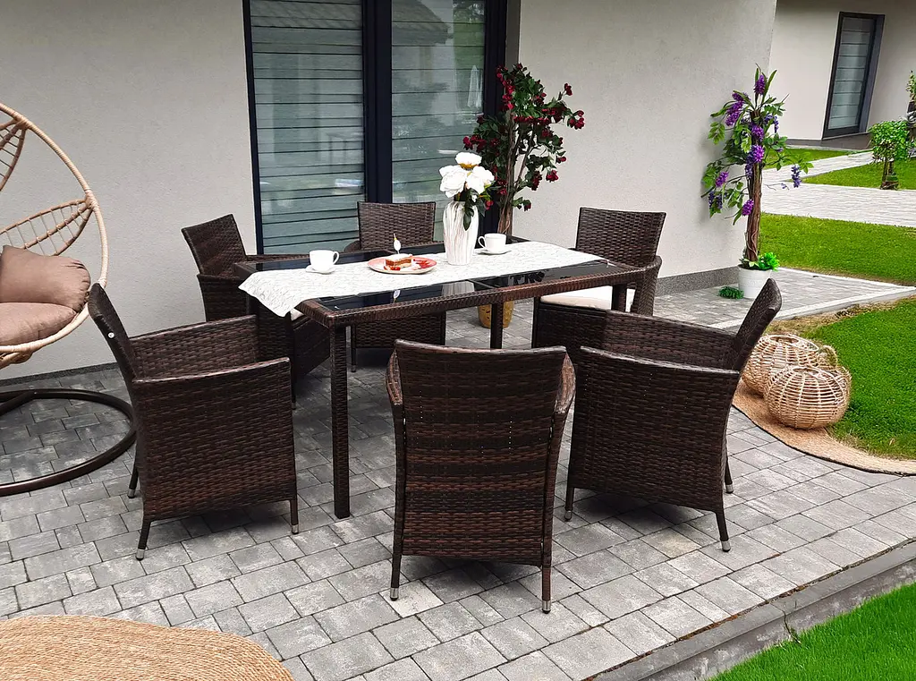 Комплект меблів з ротанга GardenLine SAD1692 (стіл + 6 крісел з бежевими подушками), темно-коричневий - фото 4