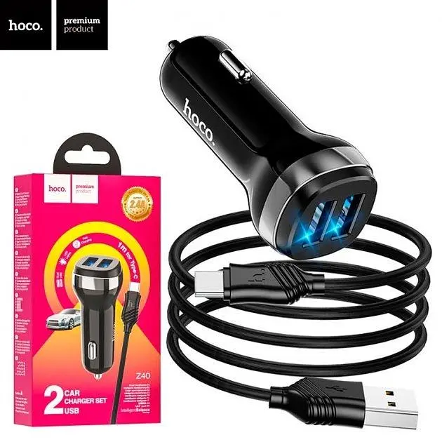 Автомобільний зарядний пристрій Hoco Z40 2USB 2.4A Type-C Чорний (Оригінал)