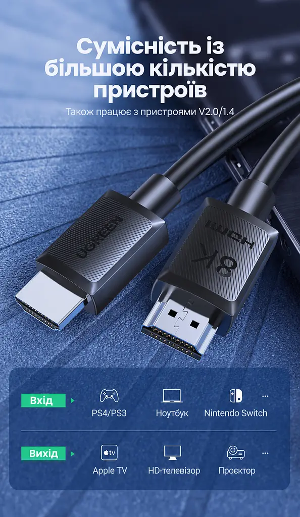 Аудіовідеокабель UGREEN HD175 2 м HDMI 2.1 штекер на штекер 8K 60 Гц 4K 120 Гц 48 Гбіт/с eARC динамічний HDR VRR QMS ALLM QFT сумісний із версіями 2.0/1.4 підтримка 3D екранування фольгою та алюмінієво-магнієвим обплетенням чорний зі сріблястими роз’ємами (45432) - фото 2