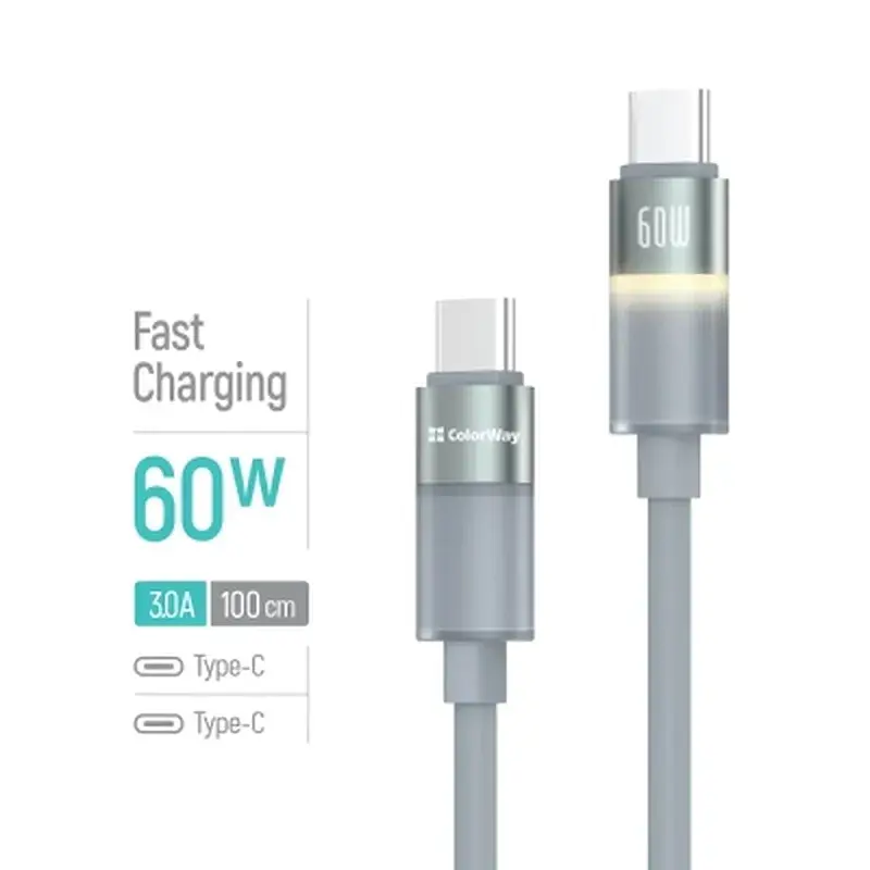 Дата кабель USB-C to USB-C 1.0m 3A 60W warm light gray ColorWay (CW-CBPDCC092-GR) - фото 4
