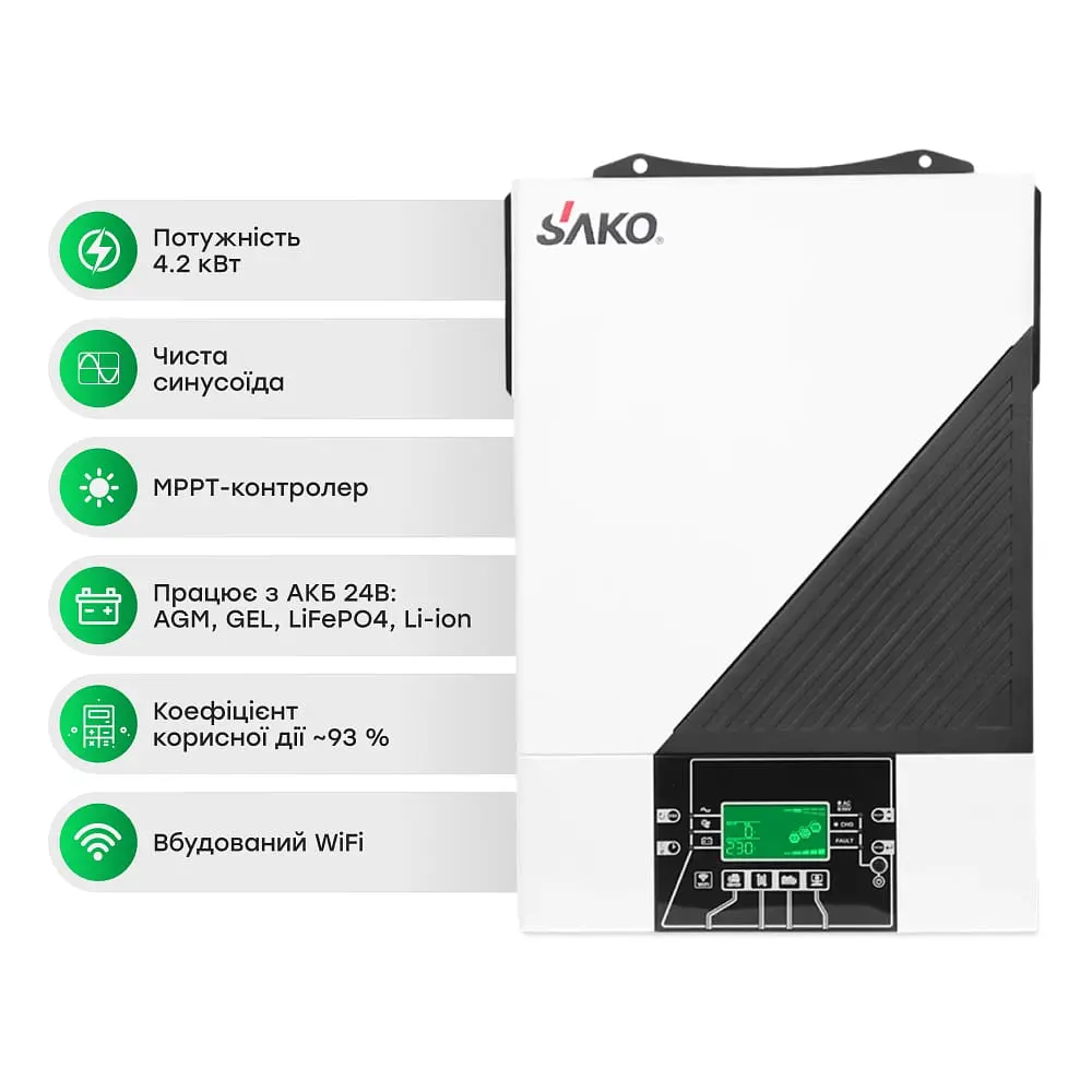 Автономний інвертор для сонячних панелей 4.2kW Sako SUNON IV 4.2KW/24V +120A MPPT, Off grid (42-00158) - фото 2