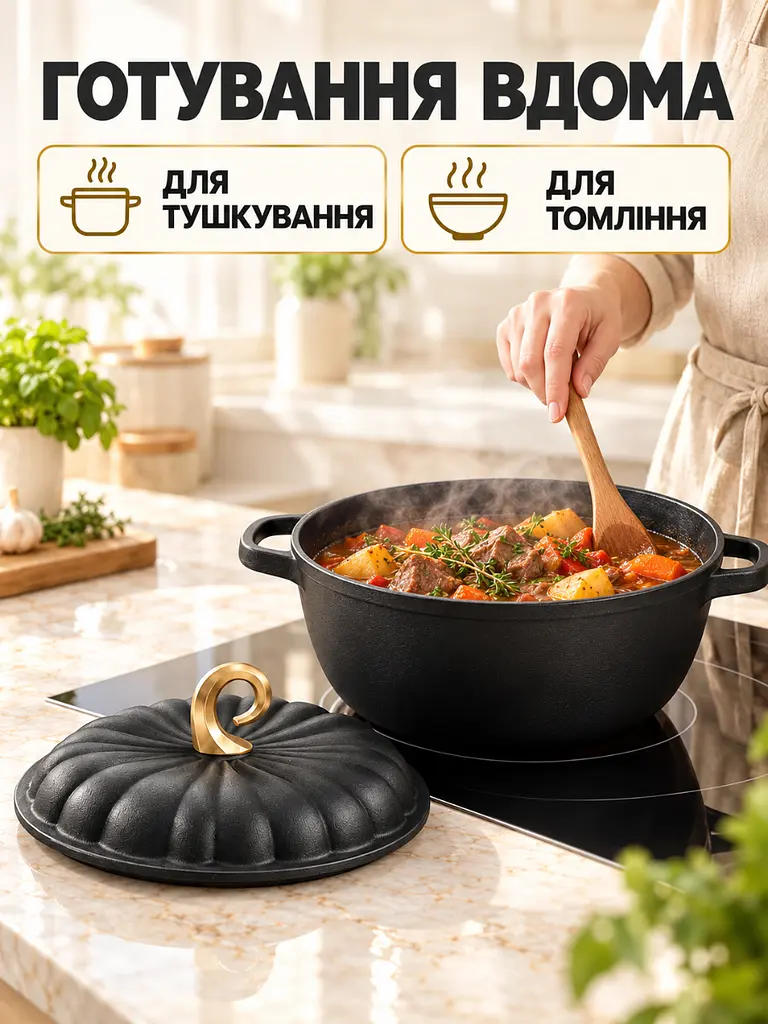 Набір чавунного посуду каструля 4.5 л та сковорода 24 см для всіх типів плит чорнийь (37261161) - фото 9