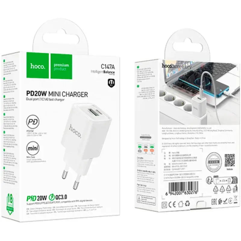 Зарядний пристрій HOCO C147A Charm 1xUSB-C PD20W + 1xUSB QC3.0 White (6942007630276) - фото 7