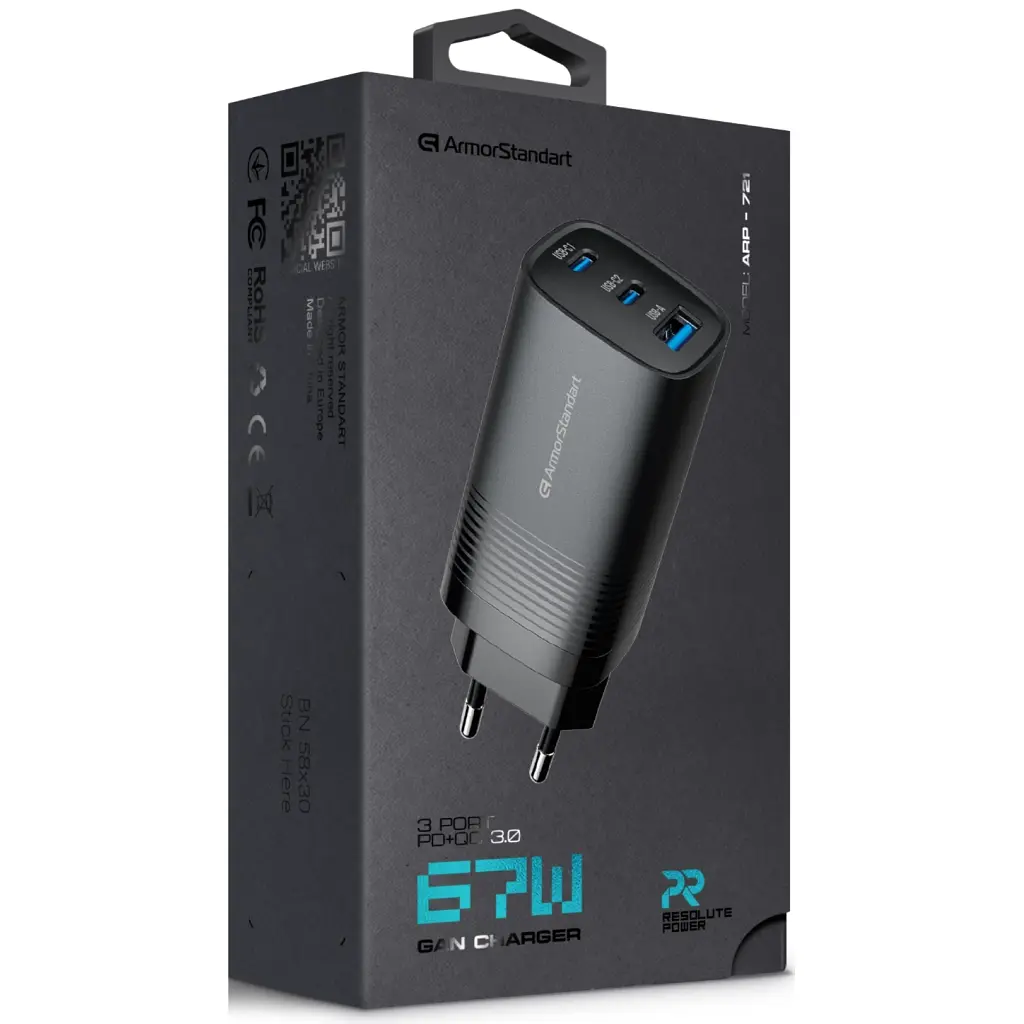 Зарядний пристрій Armorstandart 2xUSB-C + 1xUSB 67 Вт GaN чорний (ARM88384) - фото 3