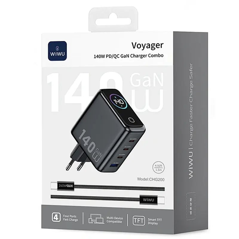 МЗП CHG200 Voyager PD140W+QC3.0 (1USB-A/3C) + кабель Type-C to Type-C Grey Wiwu teh0029657 - фото 3