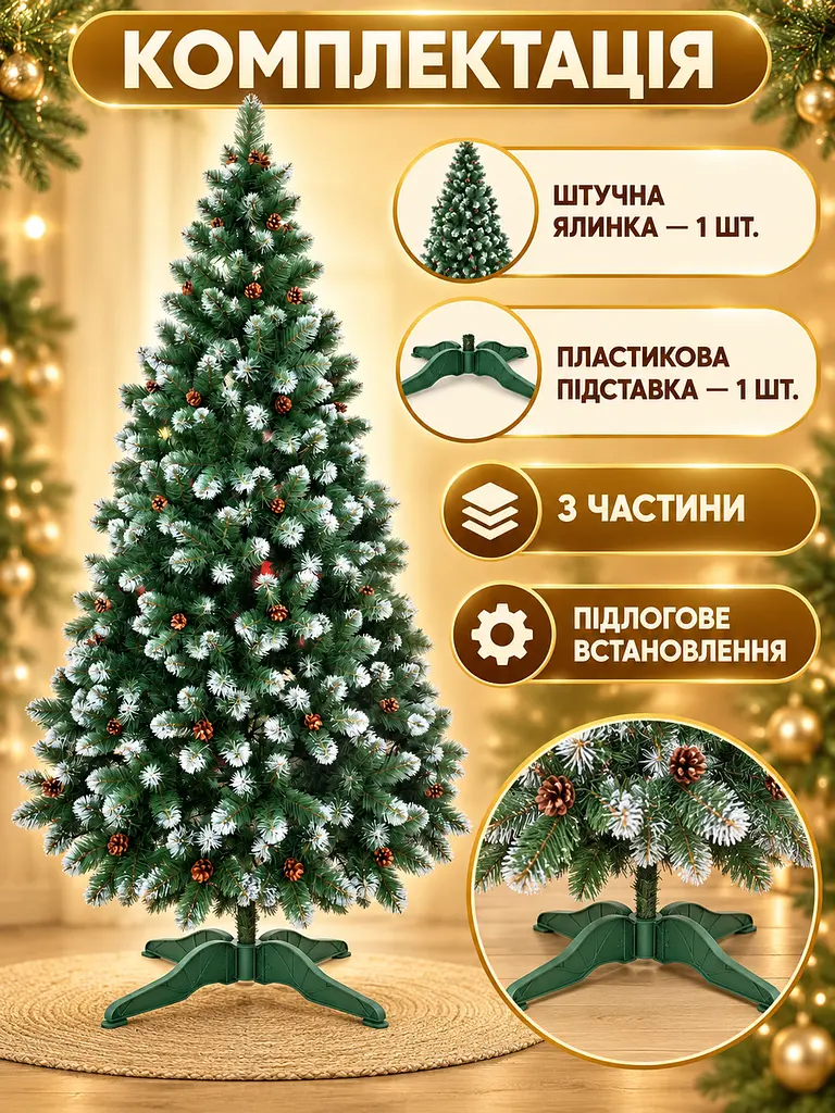 Сертифікована ялинка штучна пухнаста зі снігом та шишками YaLINKA Е22 220 см із високоякісного нешкідливого вогнетривкого - фото 8