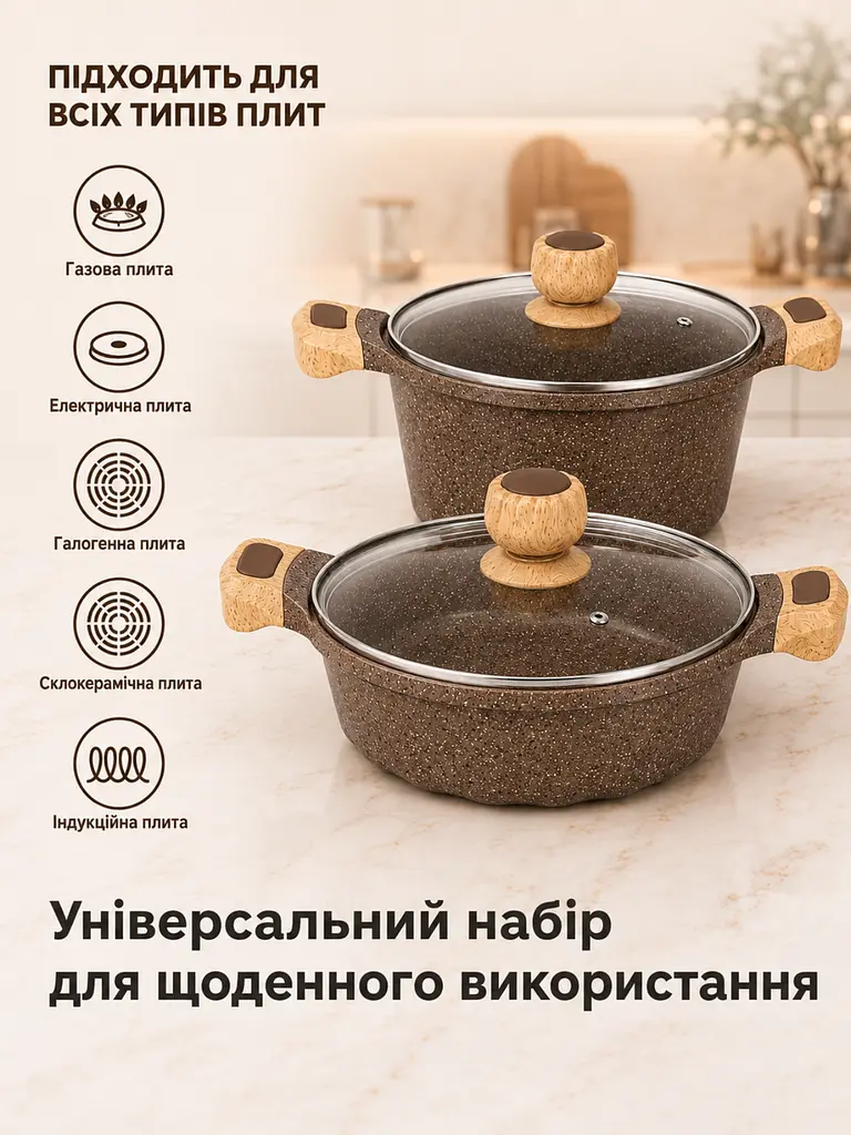Набір кухонного посуду з антипригарним мармуровим покриттям 9 предметів для всіх типів плит Коричневий (37261991) - фото 3
