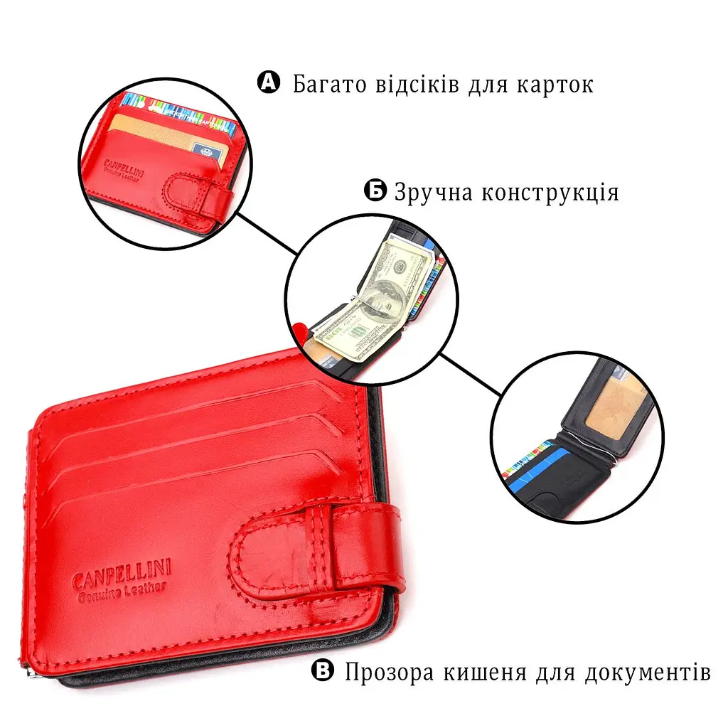 Жіночий затискач для грошей з натуральної гладкої шкіри Canpellini 21938 червоний - фото 4