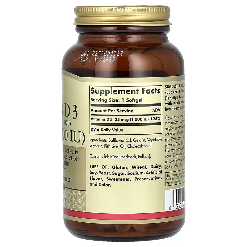 Вітамін Д3 (Холекальциферол) Vitamin D3 25 мкг (1000 МО) - 250 софтгель - фото 2