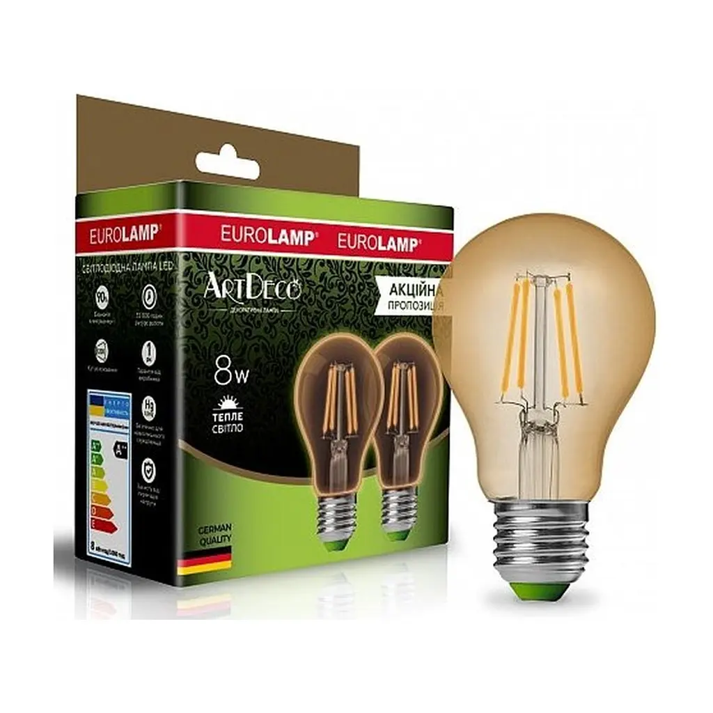 Лампочка Eurolamp A60 8W E27 2700K (deco) акция 1+1 new (MLP-LED-A60-08273(Amber)new)