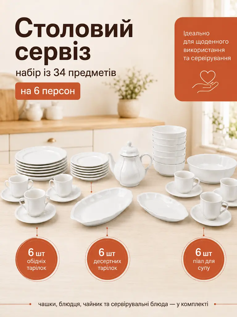 Столовий сервіз із фарфору на 6 персон, 34 предмети для сервірування столу, білий (37261978) - фото 2