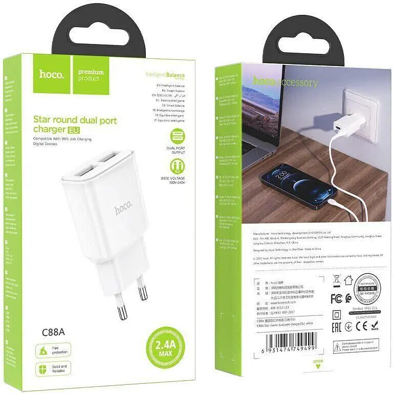 Мережевий зарядний пристрій Hoco C88A 2-USB White [112160] - фото 4