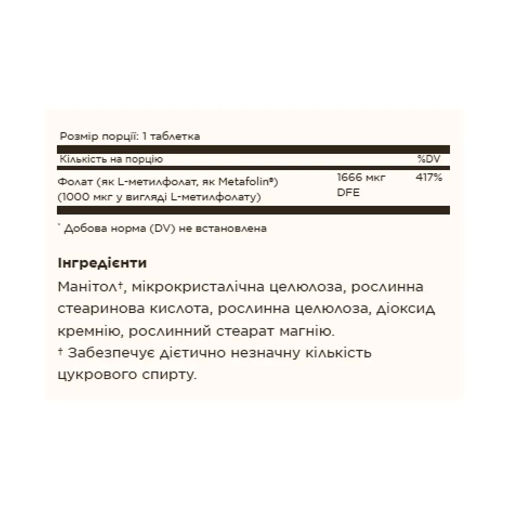 Фолат (Метафолін) Folate 1000 mcg (as Metafolin) - 120 tabs - фото 2
