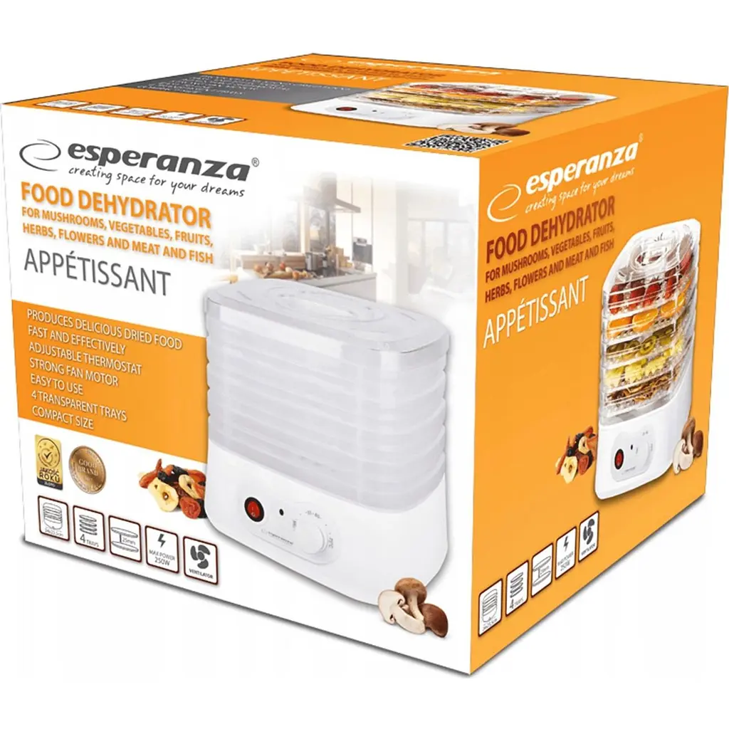 Дегідратор-сушарка для овочів і м'яса Esperanza EKD004 250 Вт до 75°С напівавтоматична 4 лотки - фото 4