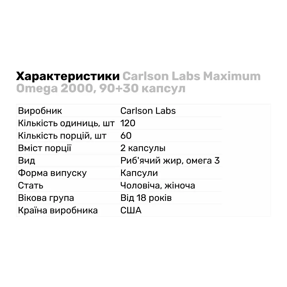 Жирные кислоты Carlson Labs Maximum Omega 2000 mg, 90+30 капсул - фото 2