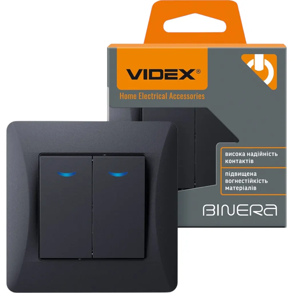 Вимикач двоклавішний Videx Binera з підсвіткою чорний графіт 1 шт. - фото 4