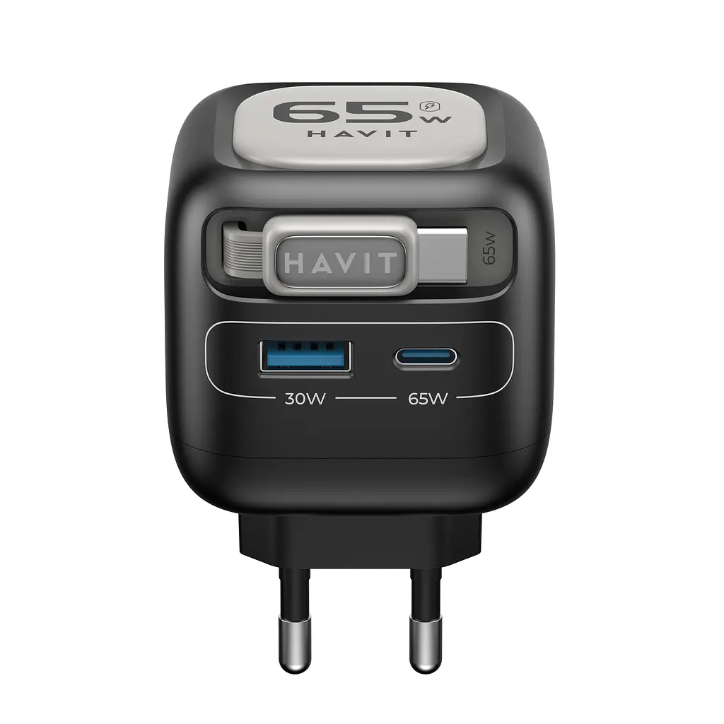 Зарядний пристрій Havit UC253 GaN 65W USB-A+USB-C + кабель USB-C (HV-UC253-BK) - фото 2