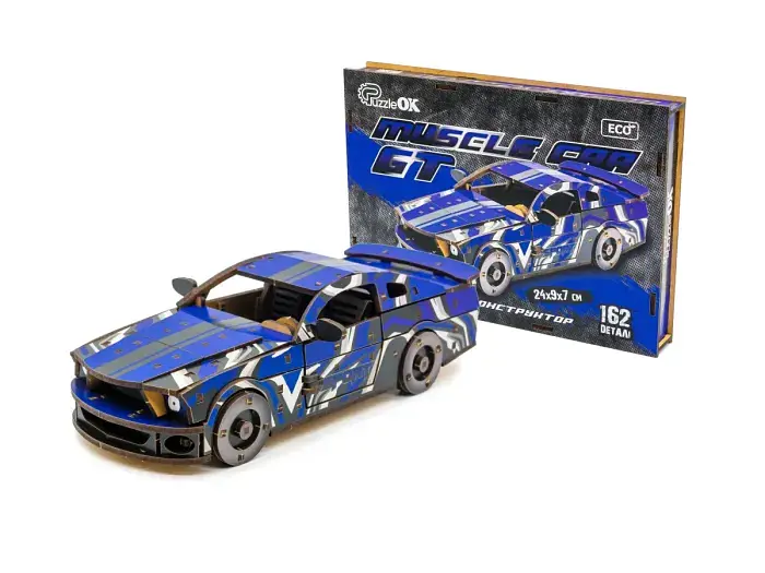 Дерев'яний 3D конструктор Muscle car GT, Puzzleоk (Puz-00642), 162 дет. (синя)
