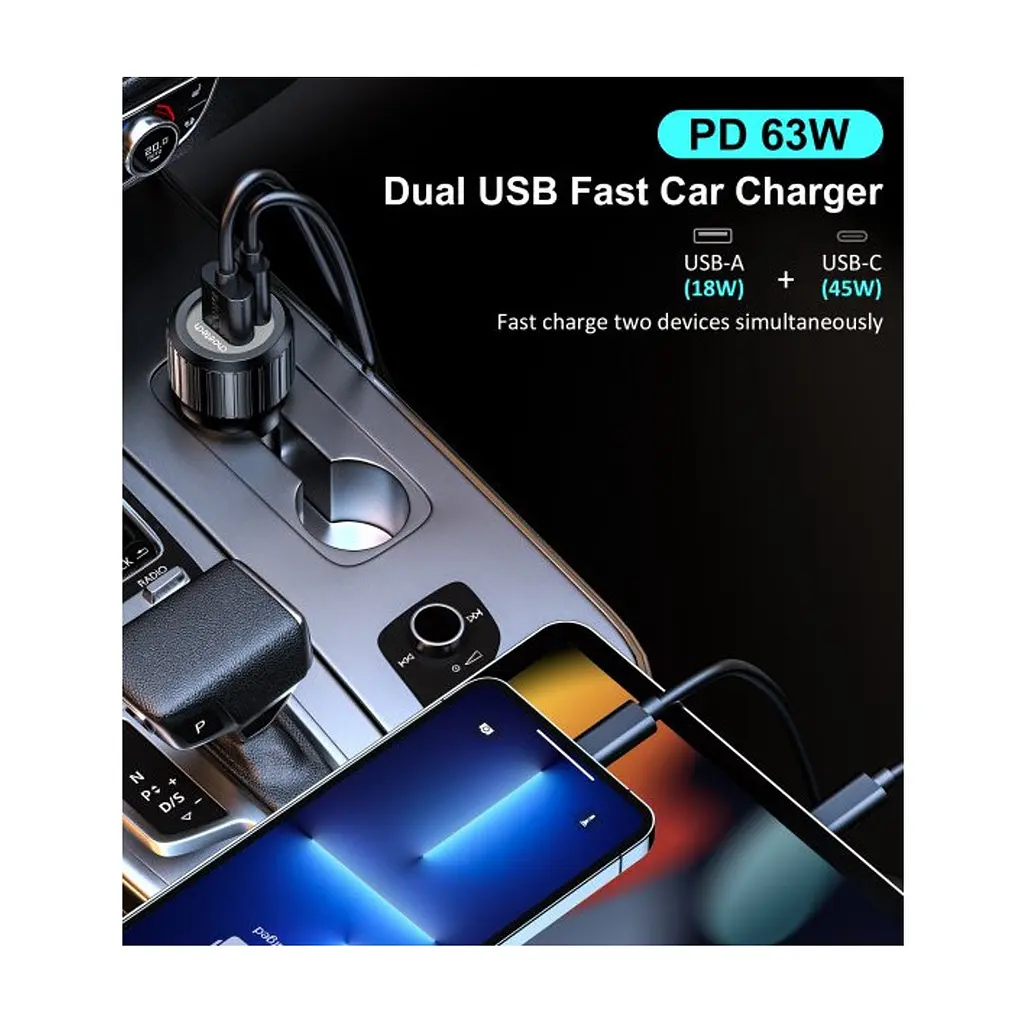 Зарядное устройство для Choetech car USB-A/USB-C 63W QC3.0/PD/PPS black (TC0010-BK) - фото 6