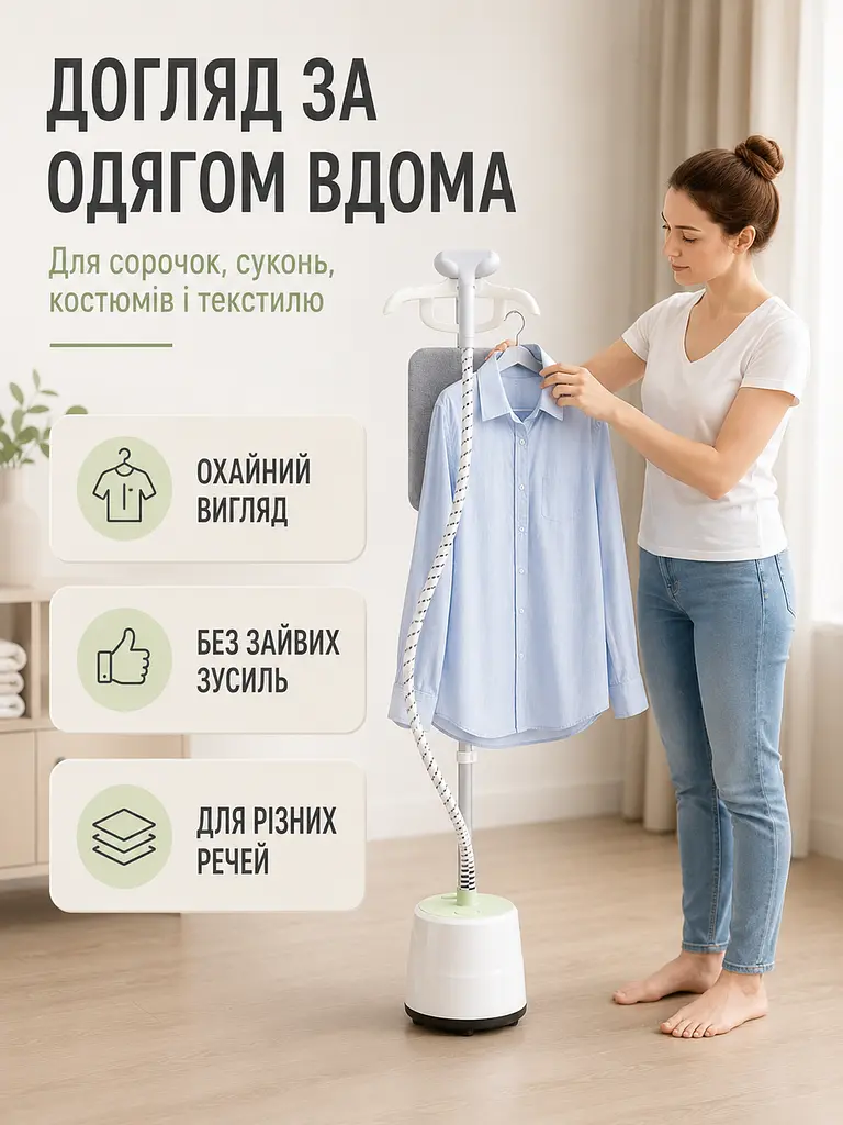 Вертикальний відпарювач для одягу з прасувальною дошкою корпус 40,5×27,5×32 см, стійка до 130 см, білий (49676119) - фото 9
