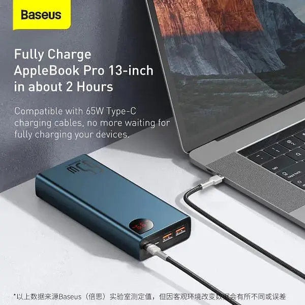 Павербанк Baseus Adaman Metal мощный для ноутбуков телефонов 20000 mAh 65W синий + кабель USB to Type-C - фото 5