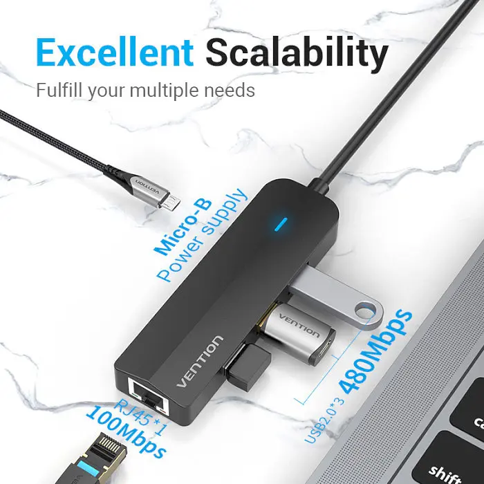 USB-хаб Vention USB-C to USB 3.0*3/RJ45/Micro-B HUB 0.15M Black ABS Type (TGPBB) - фото 3