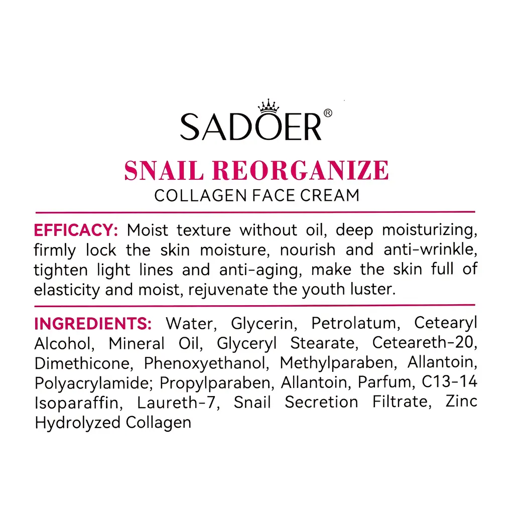 Антивіковий крем для обличчя Sadoer Snail Collagen Reorganizing з муцином равлика 50 г - фото 5